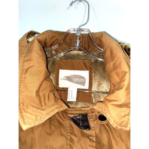 Forever21 Tan Hooded Faux fur Parka Jacket Size M Cotton Blend - Picture 9 of 11